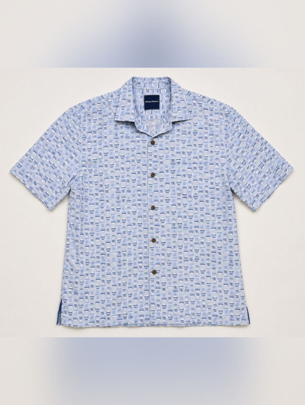 Tommy Bahama Men’s Short Sleeve Button-Up Shirt Blue Geometric Print Silk L